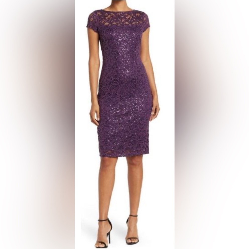 Marina Purple Sequin Lace Cap Sleeve Sheath Dress Size XS (2) NWT